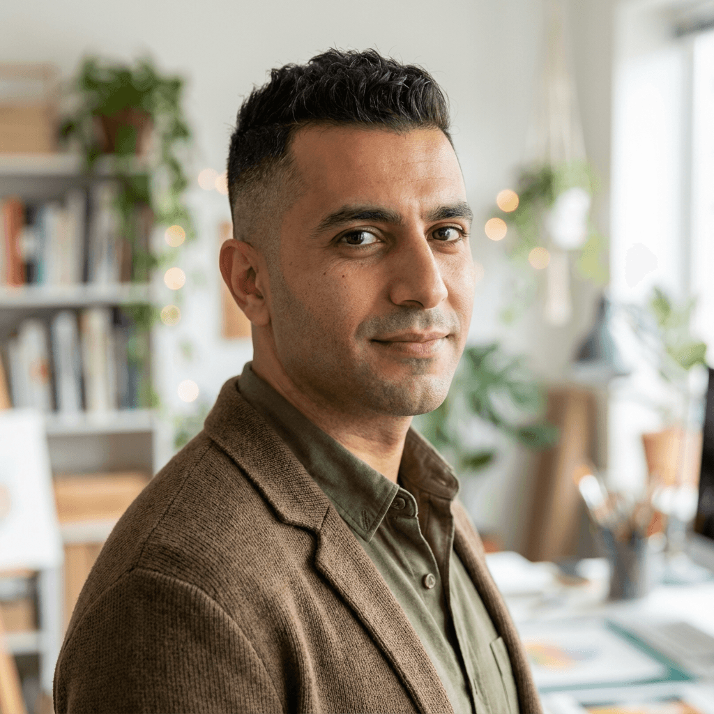 Male collector in mid 30s looking amused