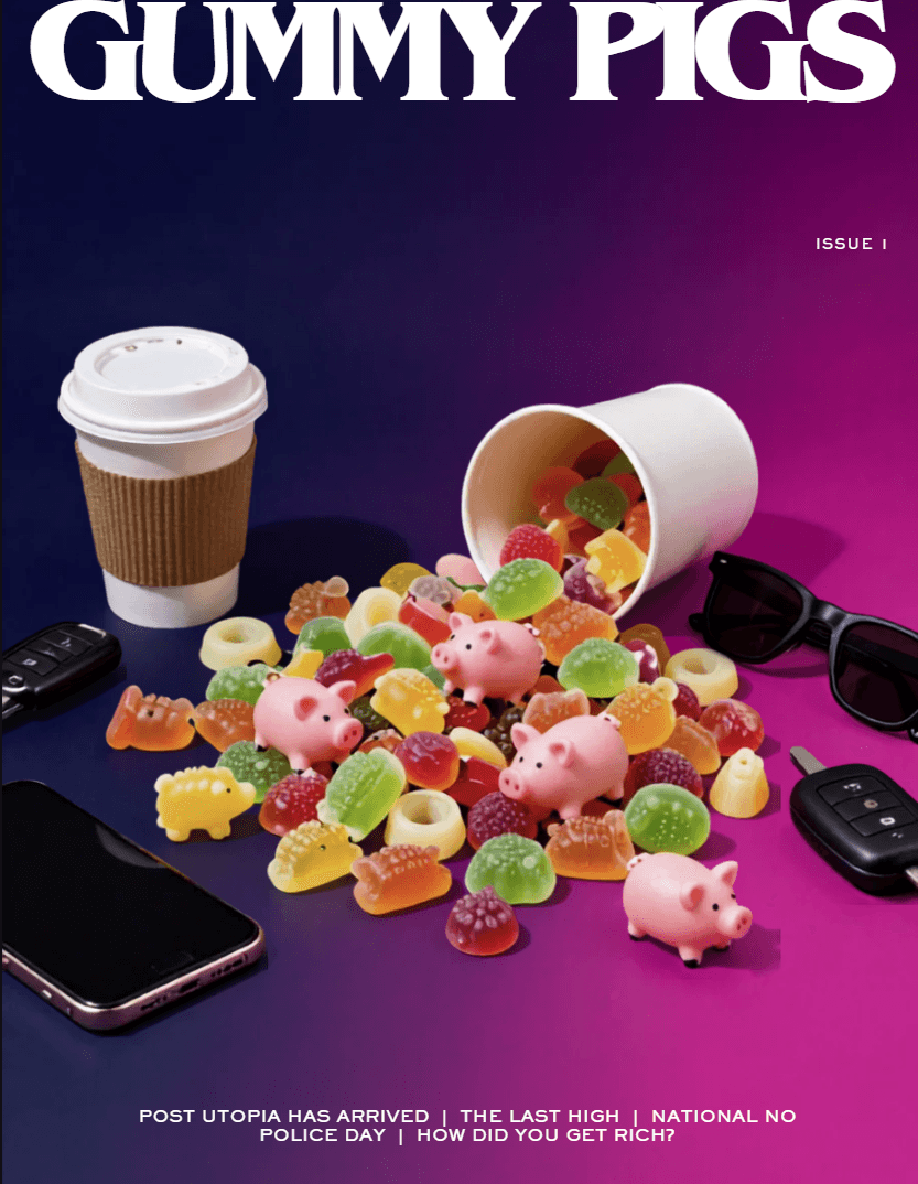 Gummy Pigs magazine cover featuring pink gummy pigs and colorful candies spilling from a cup.