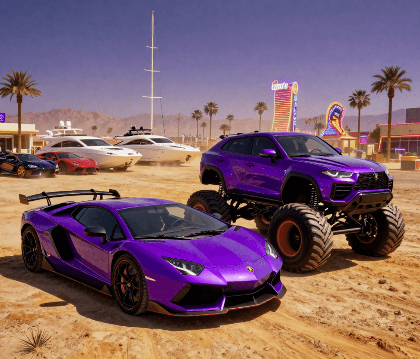 Vibrant purple Lamborghini supercar and monster truck parked in a desert with luxury yachts.