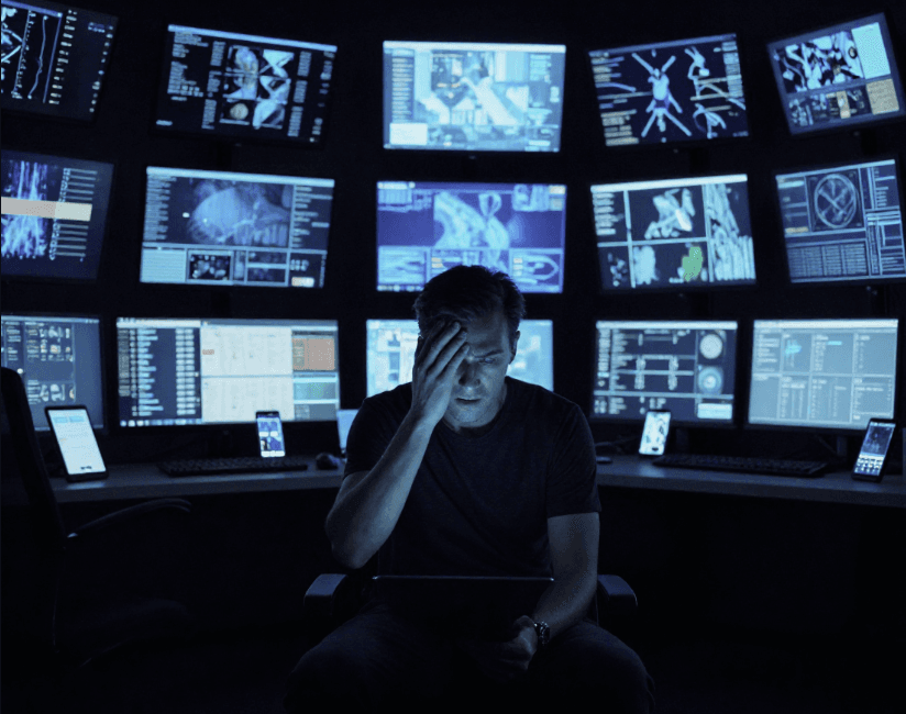 Stressed man sits in a dark room surrounded by many glowing monitors displaying complex data.