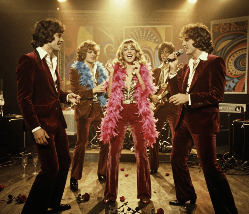 1970s band in velvet suits performs on stage with a singer in a pink boa.