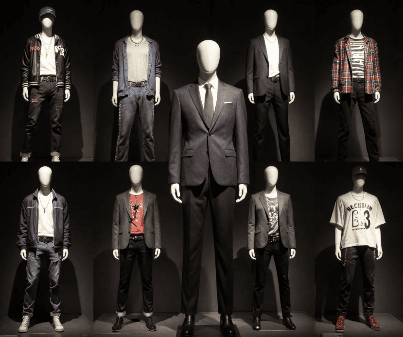 Eight male mannequins in two rows displaying diverse men's fashion against a black background.