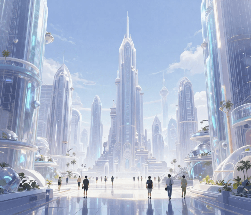 Futuristic city with towering white glass skyscrapers and people walking on a reflective plaza.