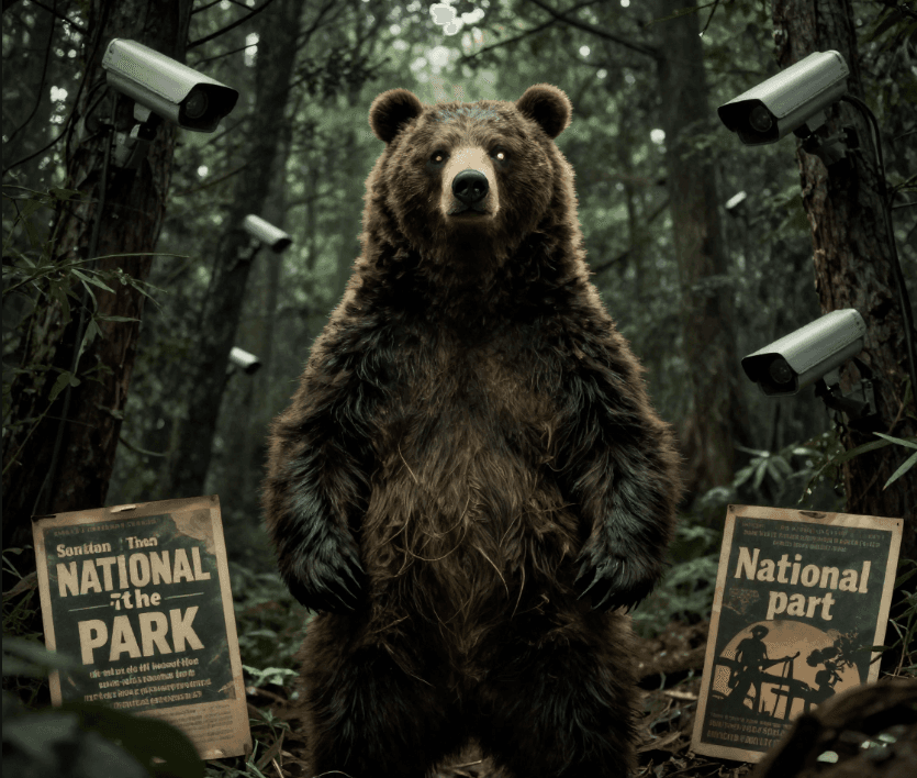 Large brown bear standing in a forest, surrounded by surveillance cameras and national park posters.